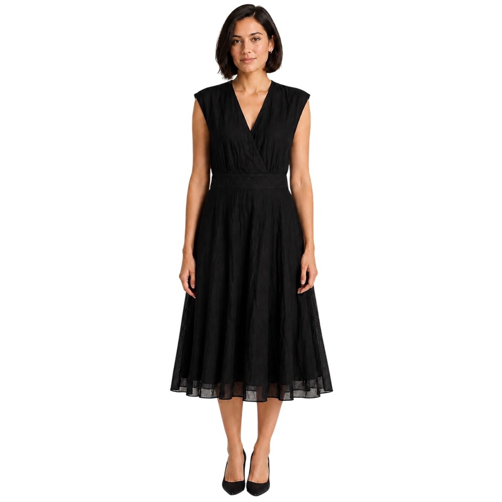 Garnet Hill Black Ramie Cotton Wrap Midi Dress 10P Petite Minimalist LBD